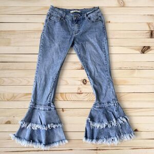 Miss Two Jeans Tiered Flare Jeans Frayed Bell Bottom Denim